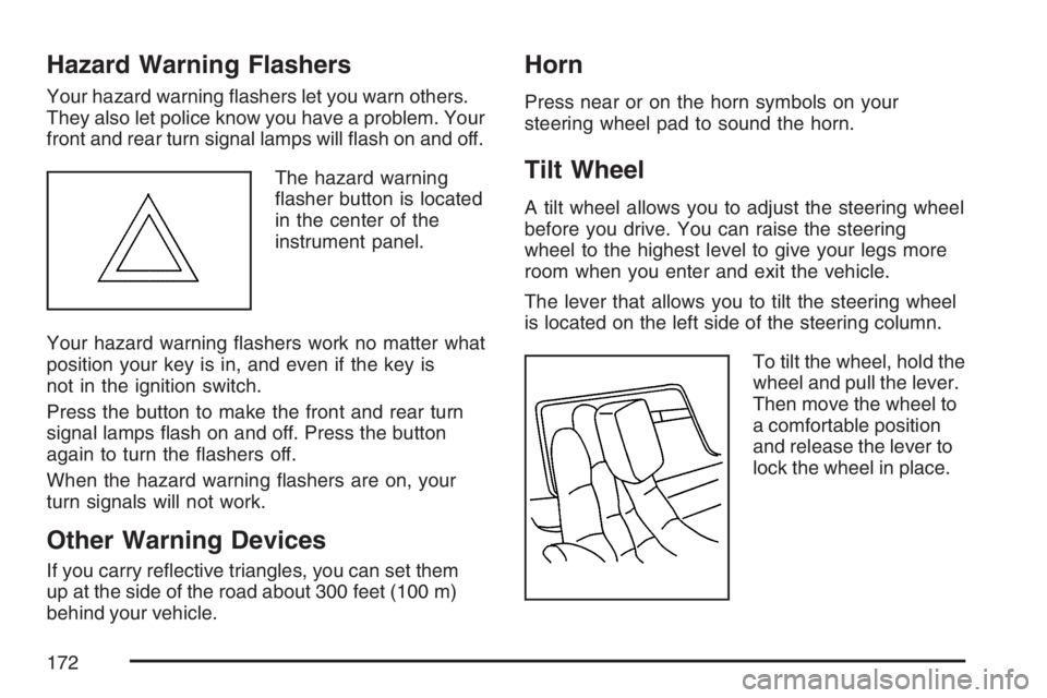 BUICK TERRAZA 2007  Owners Manual Hazard Warning Flashers
Your hazard warning �ashers let you warn others.
They also let police know you have a problem. Your
front and rear turn signal lamps will �ash on and off.
The hazard warning
�a