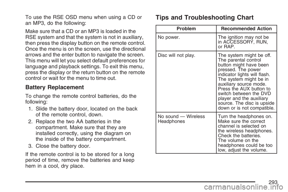 BUICK TERRAZA 2007 Owners Manual To use the RSE OSD menu when using a CD or
an MP3, do the following:
Make sure that a CD or an MP3 is loaded in the
RSE system and that the system is not in auxiliary,
then press the display button on BUICK TERRAZA 2007 Owners Manual To use the RSE OSD menu when using a CD or
an MP3, do the following:
Make sure that a CD or an MP3 is loaded in the
RSE system and that the system is not in auxiliary,
then press the display button on