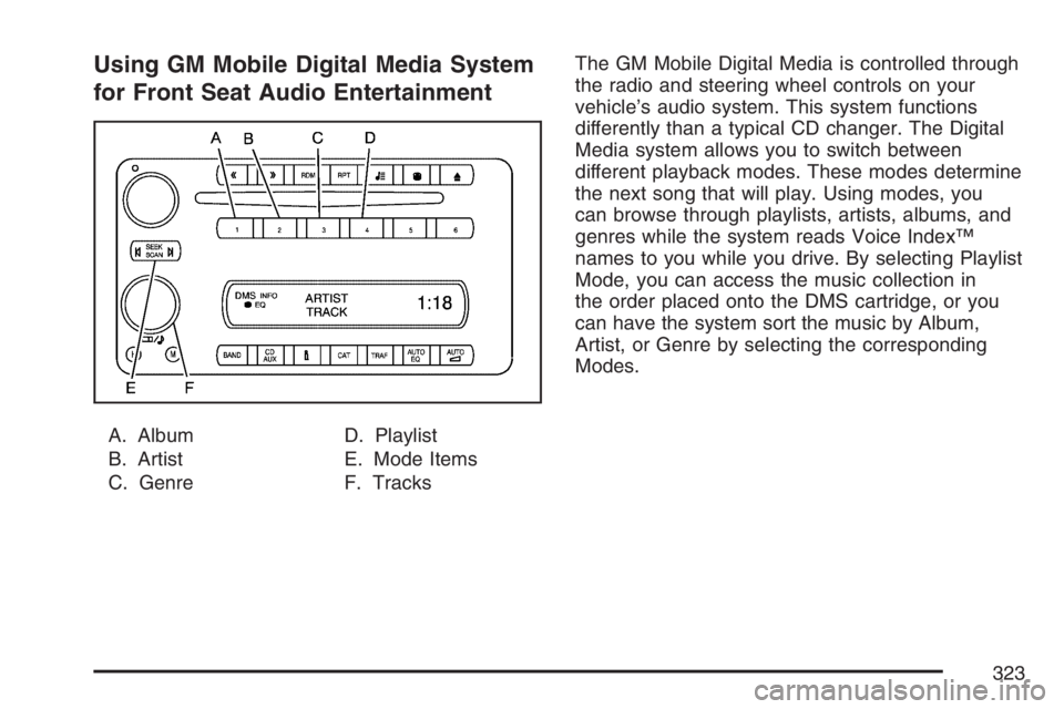 BUICK TERRAZA 2007  Owners Manual Using GM Mobile Digital Media System
for Front Seat Audio Entertainment
A. Album
B. Artist
C. GenreD. Playlist
E. Mode Items
F. TracksThe GM Mobile Digital Media is controlled through
the radio and st