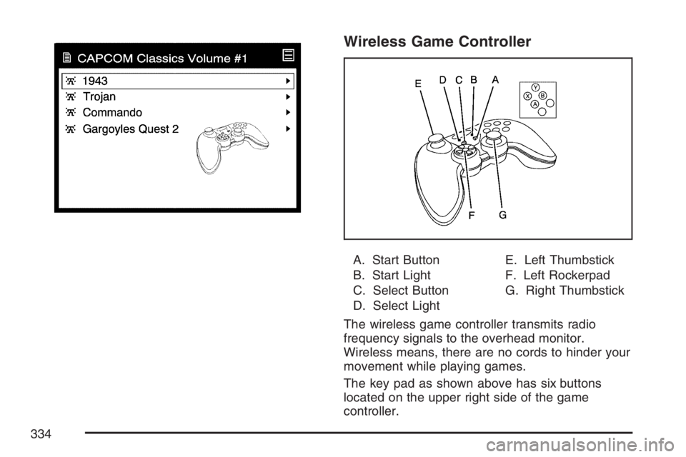 BUICK TERRAZA 2007  Owners Manual Wireless Game Controller
A. Start Button
B. Start Light
C. Select Button
D. Select LightE. Left Thumbstick
F. Left Rockerpad
G. Right Thumbstick
The wireless game controller transmits radio
frequency 