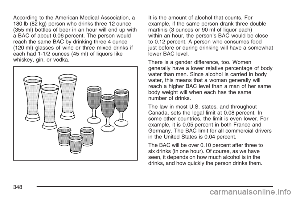 BUICK TERRAZA 2007  Owners Manual According to the American Medical Association, a
180 lb (82 kg) person who drinks three 12 ounce
(355 ml) bottles of beer in an hour will end up with
a BAC of about 0.06 percent. The person would
reac
