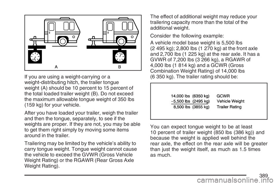 BUICK TERRAZA 2007  Owners Manual If you are using a weight-carrying or a
weight-distributing hitch, the trailer tongue
weight (A) should be 10 percent to 15 percent of
the total loaded trailer weight (B). Do not exceed
the maximum al