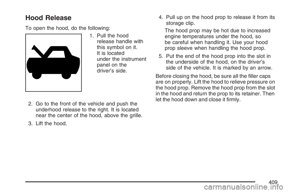 BUICK TERRAZA 2007  Owners Manual Hood Release
To open the hood, do the following:
1. Pull the hood
release handle with
this symbol on it.
It is located
under the instrument
panel on the
driver’s side.
2. Go to the front of the vehi