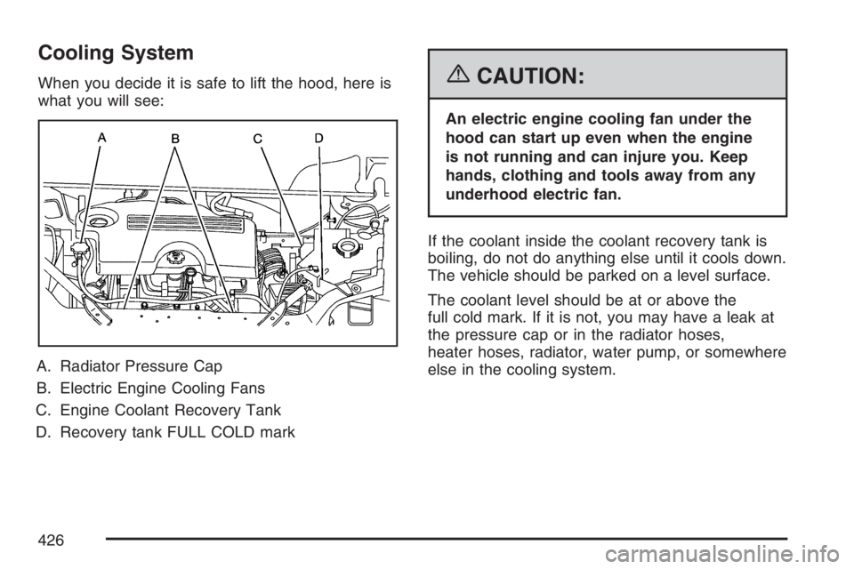 BUICK TERRAZA 2007 Owners Manual Cooling System
When you decide it is safe to lift the hood, here is
what you will see:
A. Radiator Pressure Cap
B. Electric Engine Cooling Fans
C. Engine Coolant Recovery Tank
D. Recovery tank FULL CO