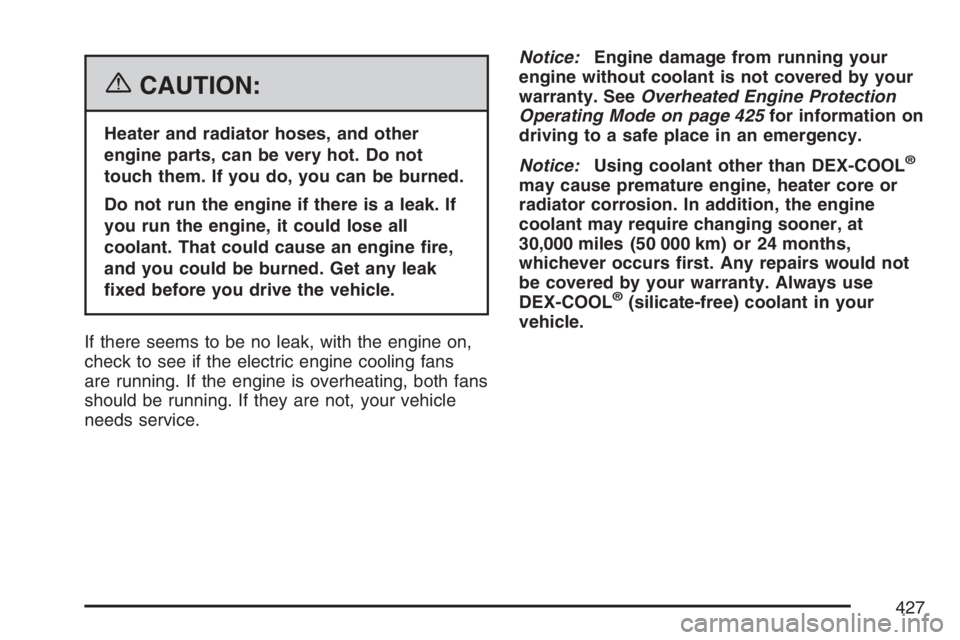 BUICK TERRAZA 2007  Owners Manual {CAUTION:
Heater and radiator hoses, and other
engine parts, can be very hot. Do not
touch them. If you do, you can be burned.
Do not run the engine if there is a leak. If
you run the engine, it could