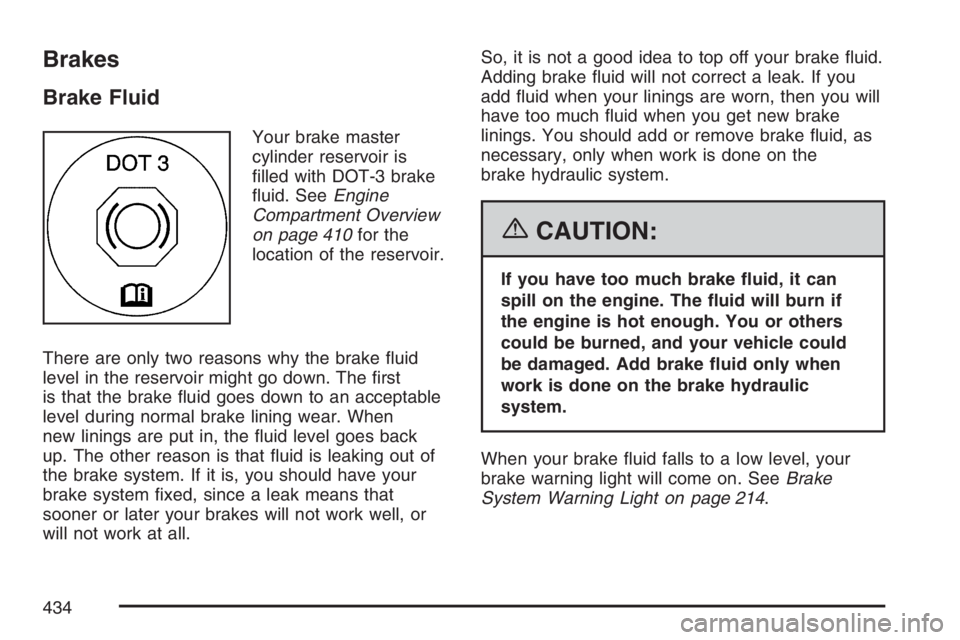 BUICK TERRAZA 2007  Owners Manual Brakes
Brake Fluid
Your brake master
cylinder reservoir is
�lled with DOT-3 brake
�uid. SeeEngine
Compartment Overview
on page 410for the
location of the reservoir.
There are only two reasons why the 