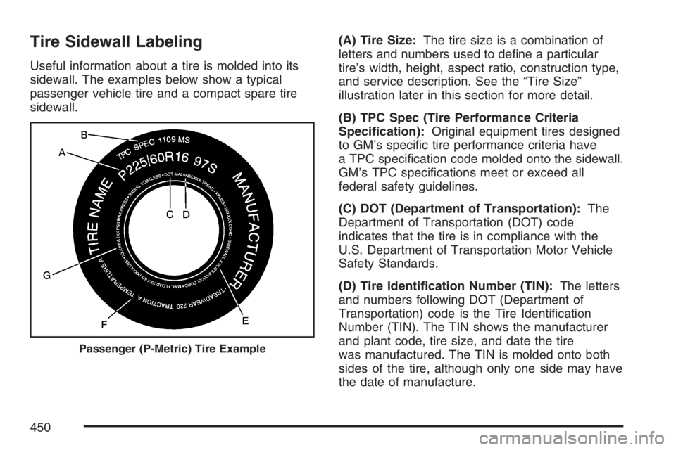 BUICK TERRAZA 2007  Owners Manual Tire Sidewall Labeling
Useful information about a tire is molded into its
sidewall. The examples below show a typical
passenger vehicle tire and a compact spare tire
sidewall.(A) Tire Size:The tire si