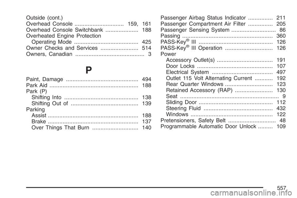 BUICK TERRAZA 2007  Owners Manual Outside (cont.)
Overhead Console..............................159, 161
Overhead Console Switchbank.................... 188
Overheated Engine Protection
Operating Mode..................................