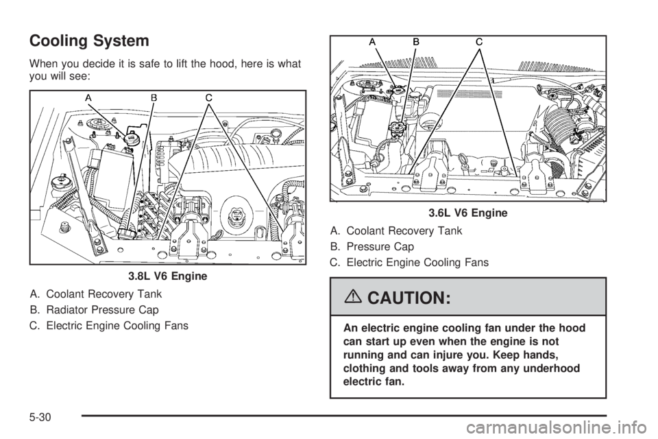 BUICK LACROSSE 2006  Owners Manual Cooling System
When you decide it is safe to lift the hood, here is what
you will see:
A. Coolant Recovery Tank
B. Radiator Pressure Cap
C. Electric Engine Cooling FansA. Coolant Recovery Tank
B. Pres