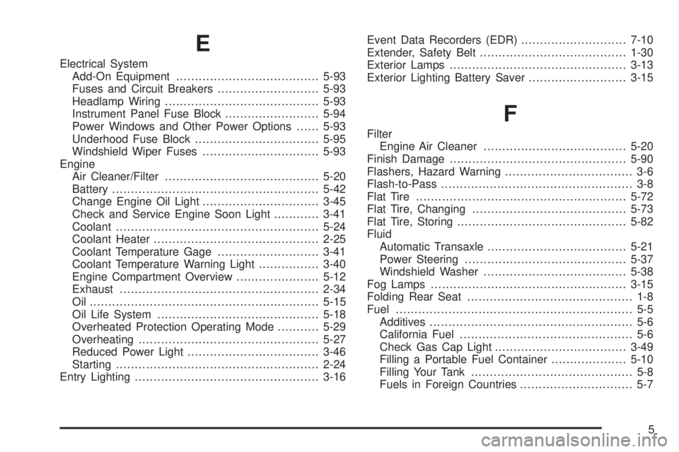 BUICK LACROSSE 2006 Owners Guide E
Electrical System
Add-On Equipment......................................5-93
Fuses and Circuit Breakers...........................5-93
Headlamp Wiring.........................................5-93
In