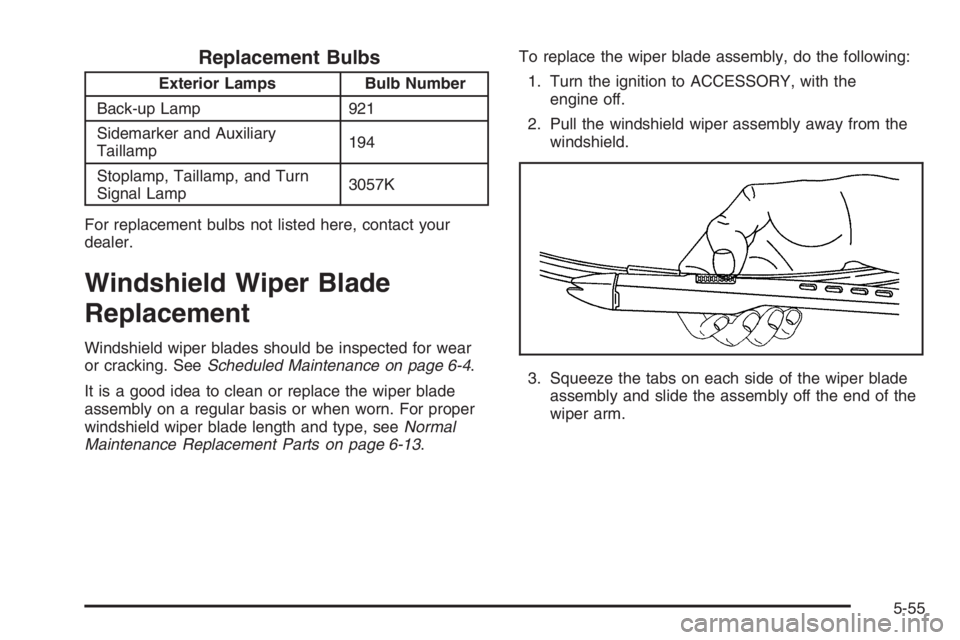 BUICK LUCERNE 2006  Owners Manual Replacement Bulbs
Exterior Lamps Bulb Number
Back-up Lamp 921
Sidemarker and Auxiliary
Taillamp194
Stoplamp, Taillamp, and Turn
Signal Lamp3057K
For replacement bulbs not listed here, contact your
dea