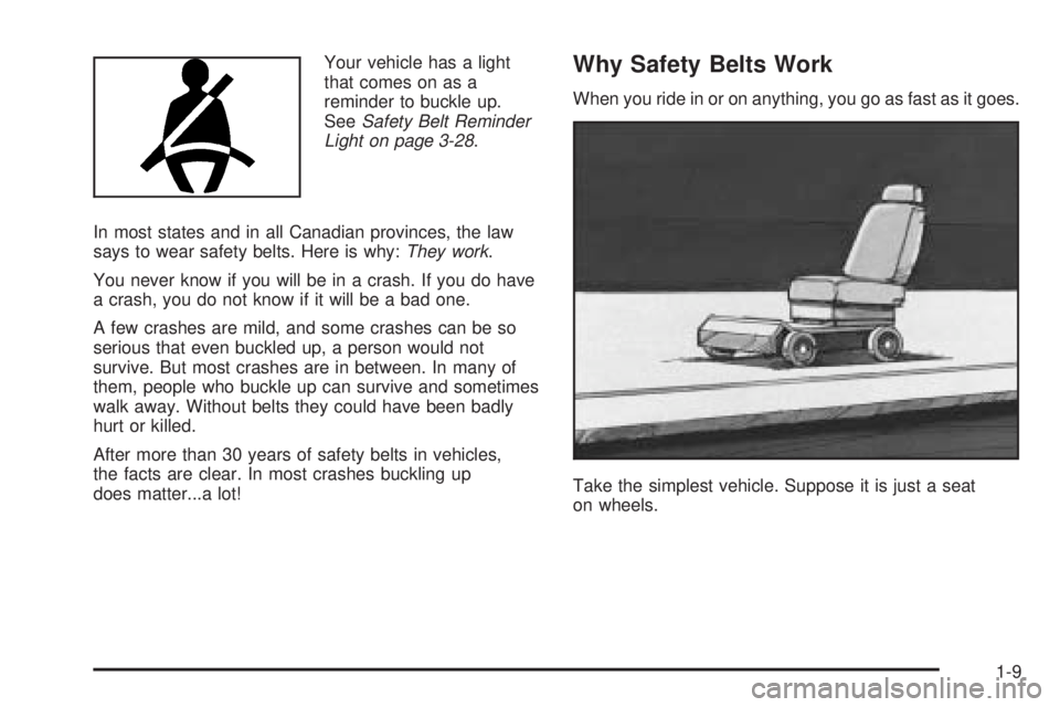 BUICK RAINIER 2006 User Guide Your vehicle has a light
that comes on as a
reminder to buckle up.
SeeSafety Belt Reminder
Light on page 3-28.
In most states and in all Canadian provinces, the law
says to wear safety belts. Here is 