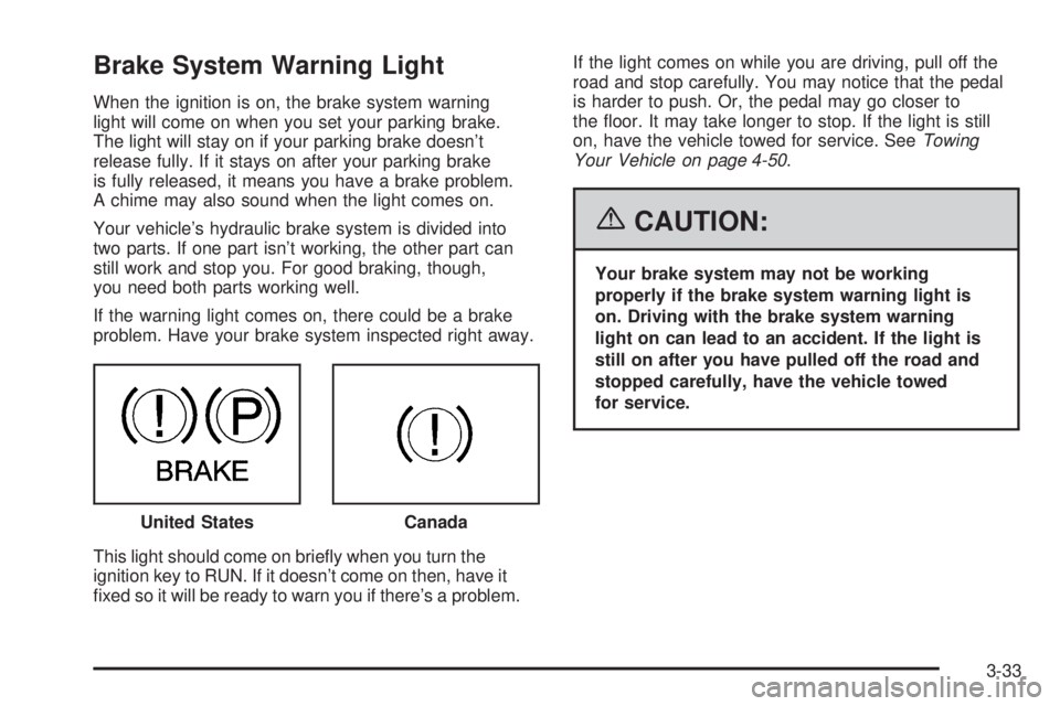 BUICK RAINIER 2006  Owners Manual Brake System Warning Light
When the ignition is on, the brake system warning
light will come on when you set your parking brake.
The light will stay on if your parking brake doesn’t
release fully. I