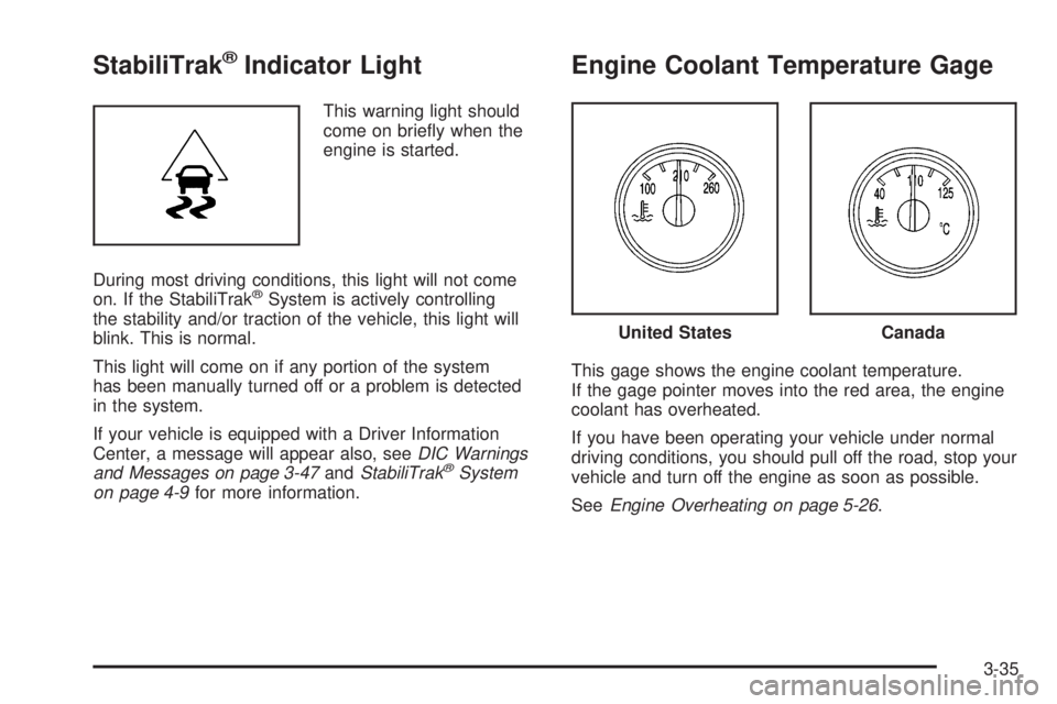 BUICK RAINIER 2006  Owners Manual StabiliTrak®Indicator Light
This warning light should
come on brie�y when the
engine is started.
During most driving conditions, this light will not come
on. If the StabiliTrak
®System is actively c