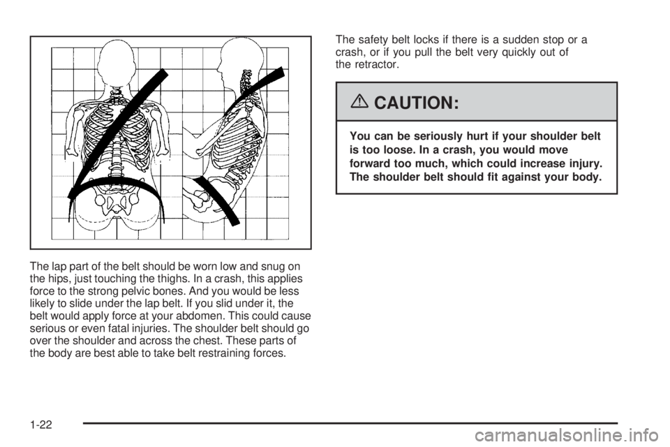 BUICK RAINIER 2006 Owners Guide The lap part of the belt should be worn low and snug on
the hips, just touching the thighs. In a crash, this applies
force to the strong pelvic bones. And you would be less
likely to slide under the l