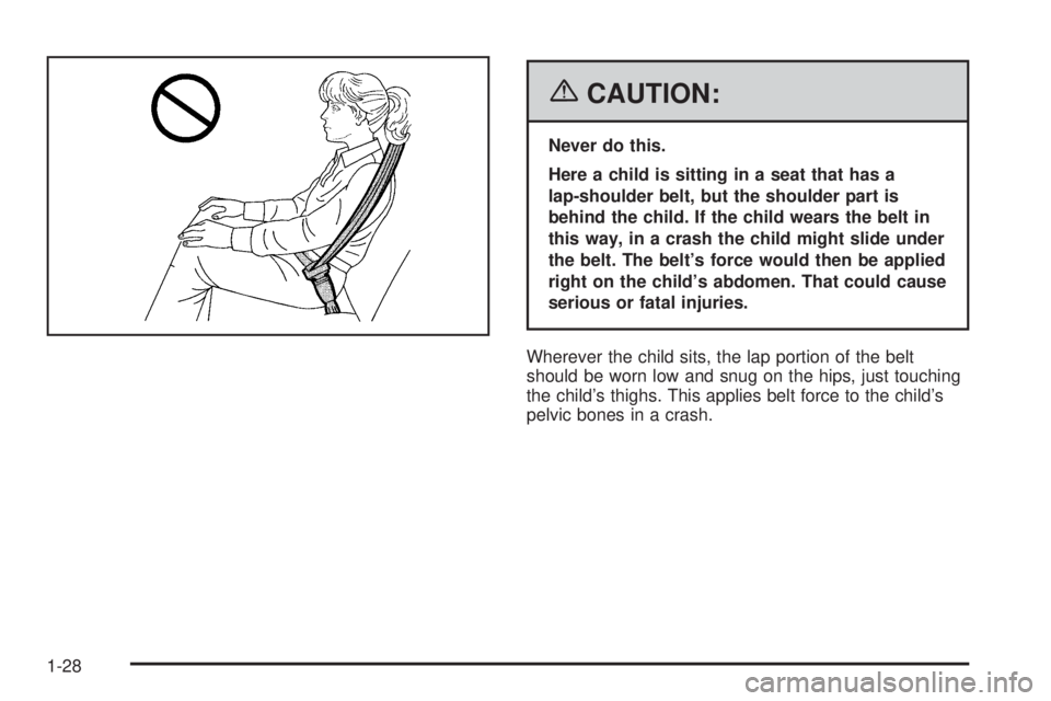 BUICK RAINIER 2006 Owners Guide {CAUTION:
Never do this.
Here a child is sitting in a seat that has a
lap-shoulder belt, but the shoulder part is
behind the child. If the child wears the belt in
this way, in a crash the child might 