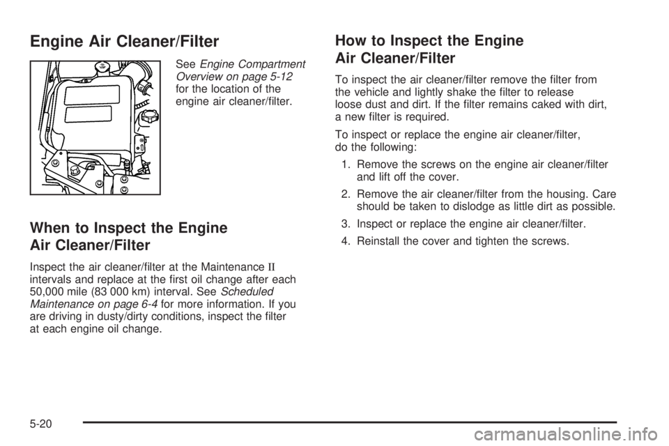 BUICK RAINIER 2006  Owners Manual Engine Air Cleaner/Filter
SeeEngine Compartment
Overview on page 5-12
for the location of the
engine air cleaner/�lter.
When to Inspect the Engine
Air Cleaner/Filter
Inspect the air cleaner/�lter at t