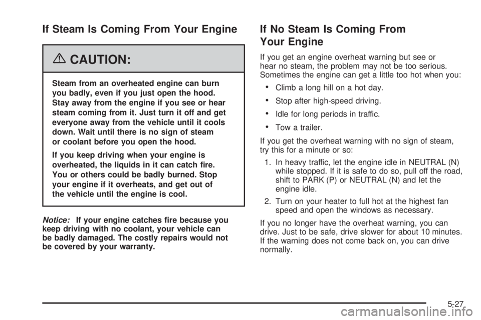 BUICK RAINIER 2006  Owners Manual If Steam Is Coming From Your Engine
{CAUTION:
Steam from an overheated engine can burn
you badly, even if you just open the hood.
Stay away from the engine if you see or hear
steam coming from it. Jus