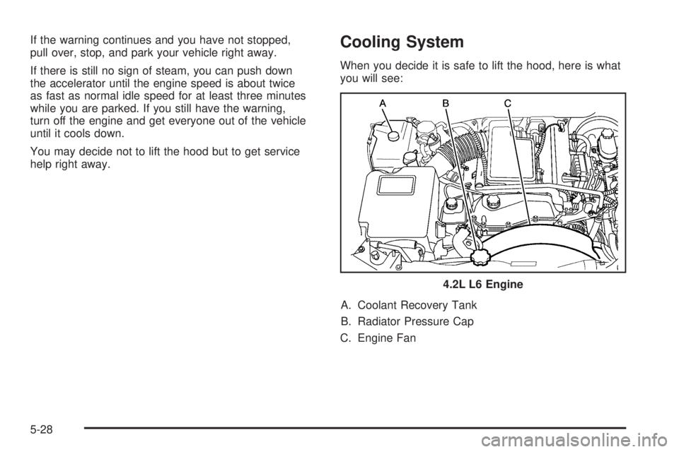 BUICK RAINIER 2006  Owners Manual If the warning continues and you have not stopped,
pull over, stop, and park your vehicle right away.
If there is still no sign of steam, you can push down
the accelerator until the engine speed is ab