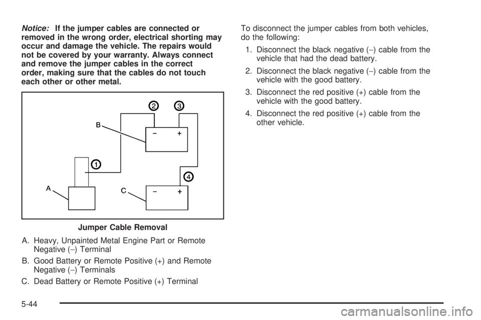 BUICK RAINIER 2006  Owners Manual Notice:If the jumper cables are connected or
removed in the wrong order, electrical shorting may
occur and damage the vehicle. The repairs would
not be covered by your warranty. Always connect
and rem