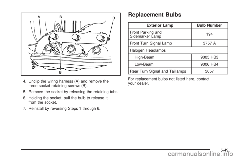 BUICK RAINIER 2006  Owners Manual 4. Unclip the wiring harness (A) and remove the
three socket retaining screws (B).
5. Remove the socket by releasing the retaining tabs.
6. Holding the socket, pull the bulb to release it
from the soc