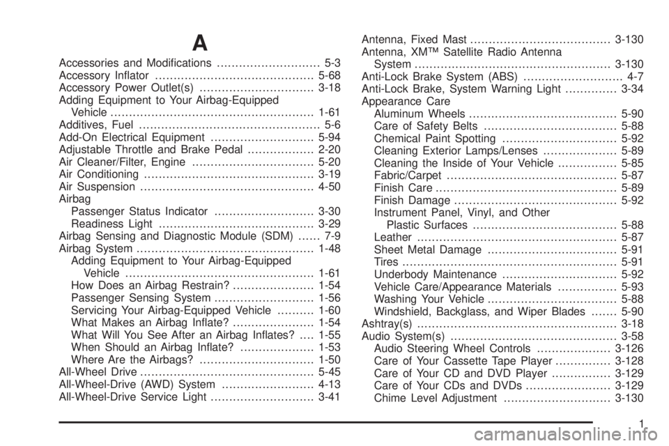 BUICK RAINIER 2006  Owners Manual A
Accessories and Modi�cations............................ 5-3
Accessory In�ator...........................................5-68
Accessory Power Outlet(s)...............................3-18
Adding Equi
