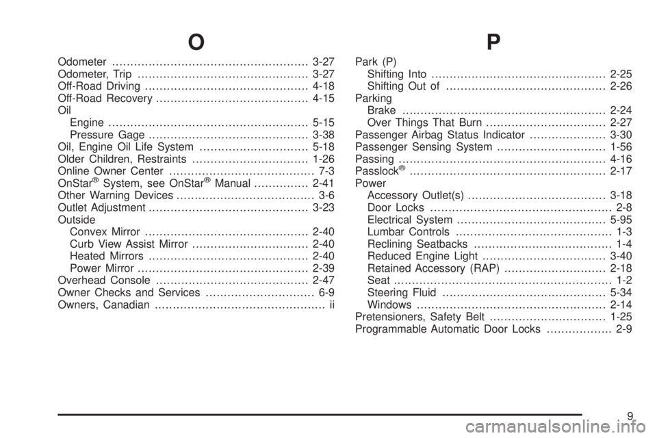 BUICK RAINIER 2006  Owners Manual O
Odometer......................................................3-27
Odometer, Trip...............................................3-27
Off-Road Driving.............................................4-18