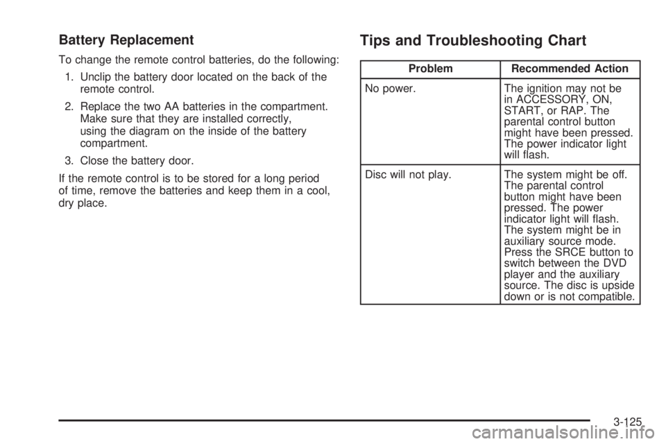 BUICK RANDEZVOUS 2006  Owners Manual Battery Replacement
To change the remote control batteries, do the following:
1. Unclip the battery door located on the back of the
remote control.
2. Replace the two AA batteries in the compartment.
