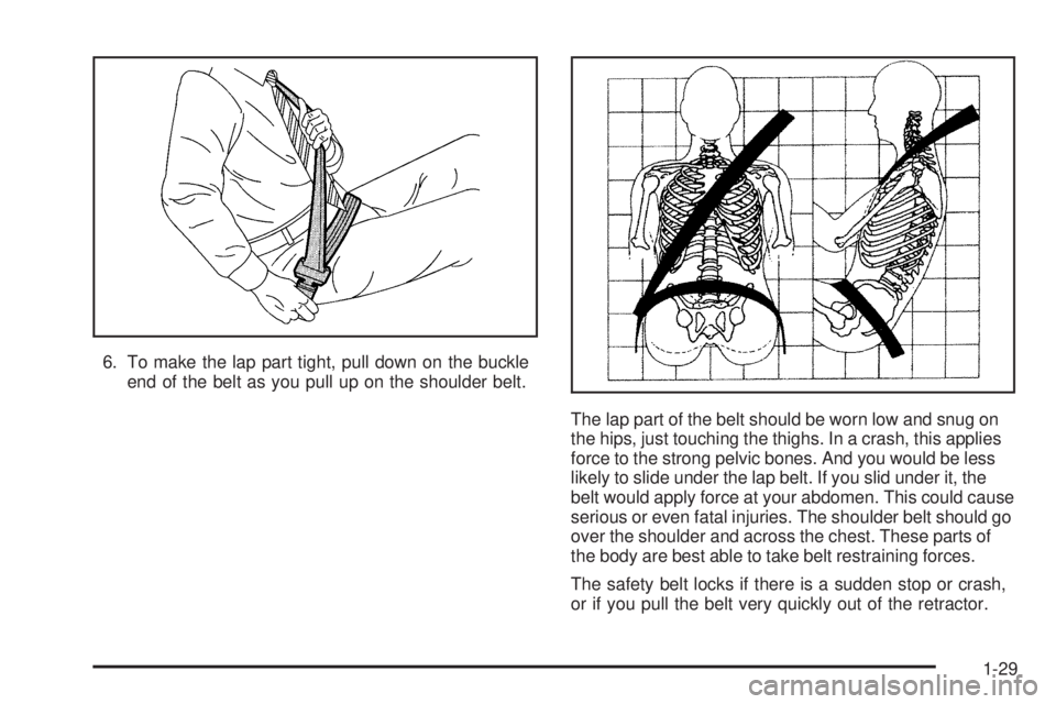 BUICK RANDEZVOUS 2006 Owners Guide 6. To make the lap part tight, pull down on the buckle
end of the belt as you pull up on the shoulder belt.
The lap part of the belt should be worn low and snug on
the hips, just touching the thighs. 