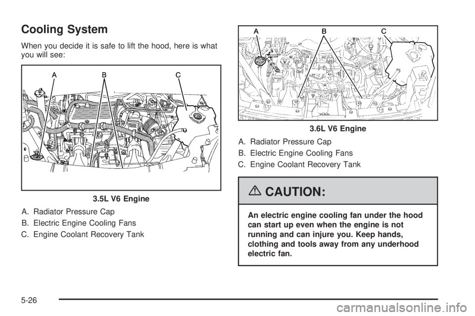 BUICK RANDEZVOUS 2006  Owners Manual Cooling System
When you decide it is safe to lift the hood, here is what
you will see:
A. Radiator Pressure Cap
B. Electric Engine Cooling Fans
C. Engine Coolant Recovery TankA. Radiator Pressure Cap
