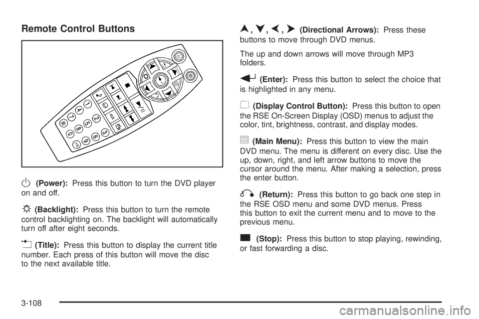 BUICK TERRAZA 2006 User Guide Remote Control Buttons
O(Power):Press this button to turn the DVD player
on and off.
P(Backlight):Press this button to turn the remote
control backlighting on. The backlight will automatically
turn of