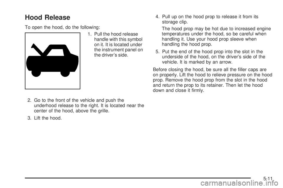 BUICK TERRAZA 2006  Owners Manual Hood Release
To open the hood, do the following:
1. Pull the hood release
handle with this symbol
on it. It is located under
the instrument panel on
the driver’s side.
2. Go to the front of the vehi