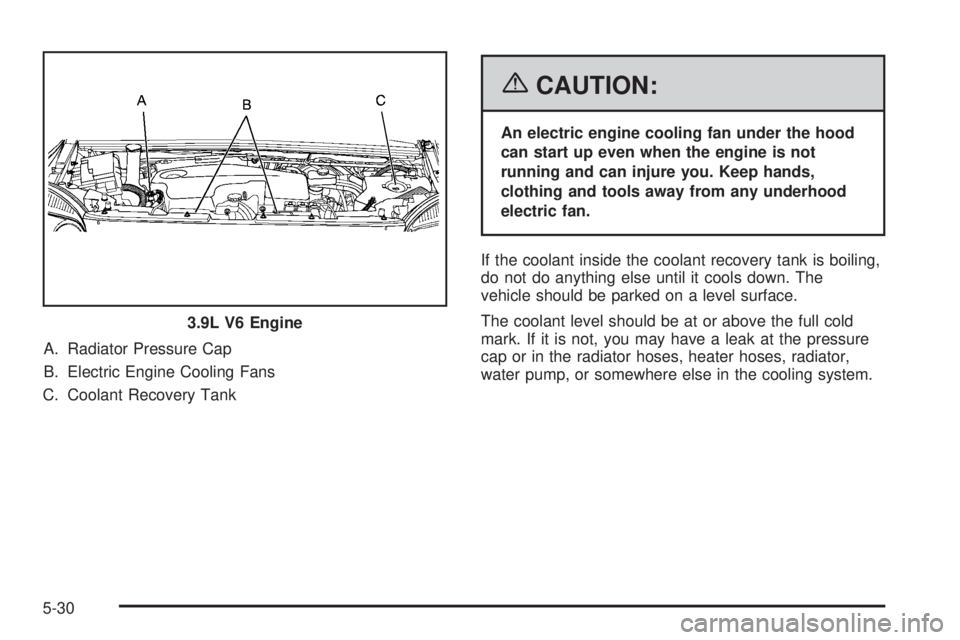 BUICK TERRAZA 2006  Owners Manual A. Radiator Pressure Cap
B. Electric Engine Cooling Fans
C. Coolant Recovery Tank
{CAUTION:
An electric engine cooling fan under the hood
can start up even when the engine is not
running and can injur