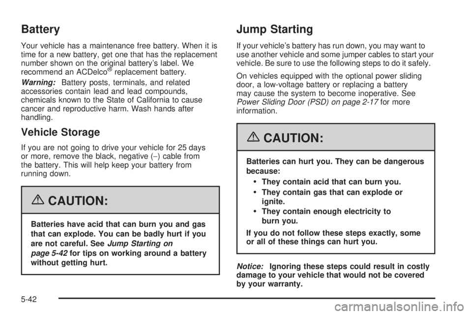 BUICK TERRAZA 2006  Owners Manual Battery
Your vehicle has a maintenance free battery. When it is
time for a new battery, get one that has the replacement
number shown on the original battery’s label. We
recommend an ACDelco
®repla