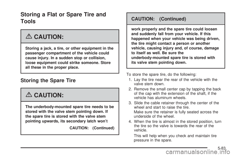 BUICK TERRAZA 2006  Owners Manual Storing a Flat or Spare Tire and
Tools
{CAUTION:
Storing a jack, a tire, or other equipment in the
passenger compartment of the vehicle could
cause injury. In a sudden stop or collision,
loose equipme