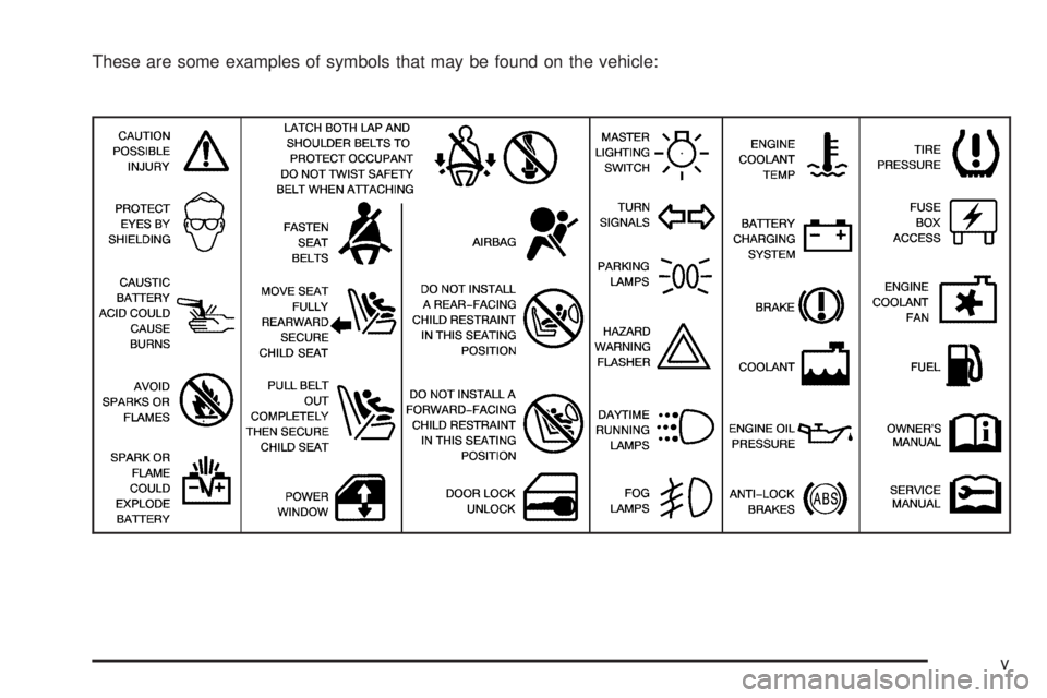 BUICK TERRAZA 2006  Owners Manual These are some examples of symbols that may be found on the vehicle:
v 