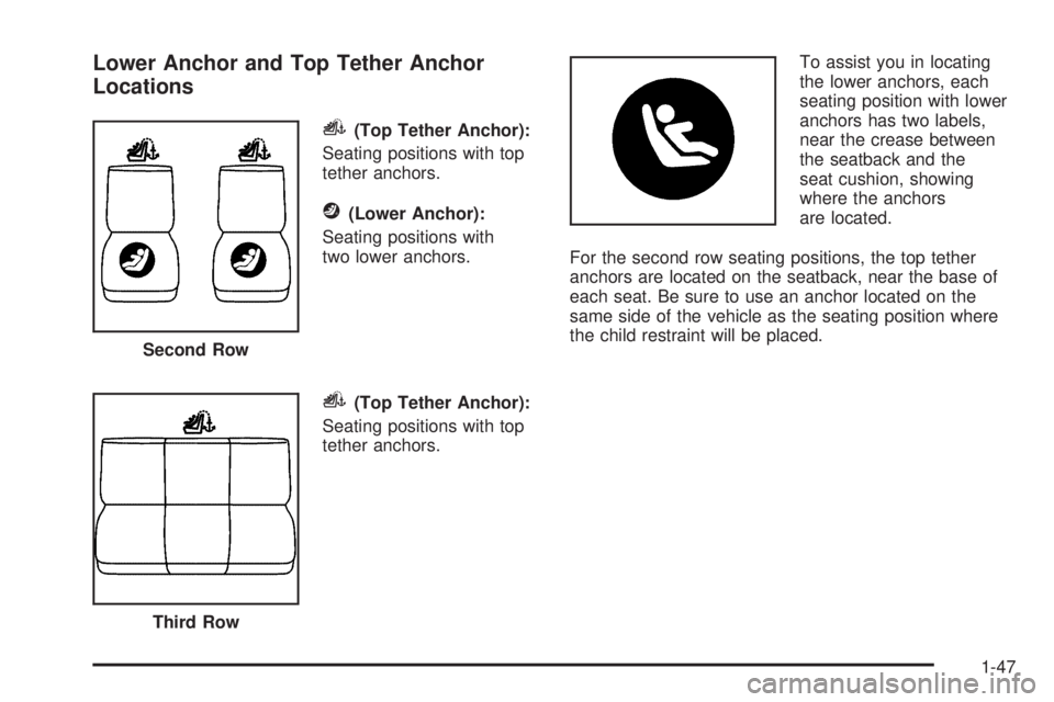 BUICK TERRAZA 2006 Workshop Manual Lower Anchor and Top Tether Anchor
Locations
i(Top Tether Anchor):
Seating positions with top
tether anchors.
j(Lower Anchor):
Seating positions with
two lower anchors.
i(Top Tether Anchor):
Seating p BUICK TERRAZA 2006 Workshop Manual Lower Anchor and Top Tether Anchor
Locations
i(Top Tether Anchor):
Seating positions with top
tether anchors.
j(Lower Anchor):
Seating positions with
two lower anchors.
i(Top Tether Anchor):
Seating p