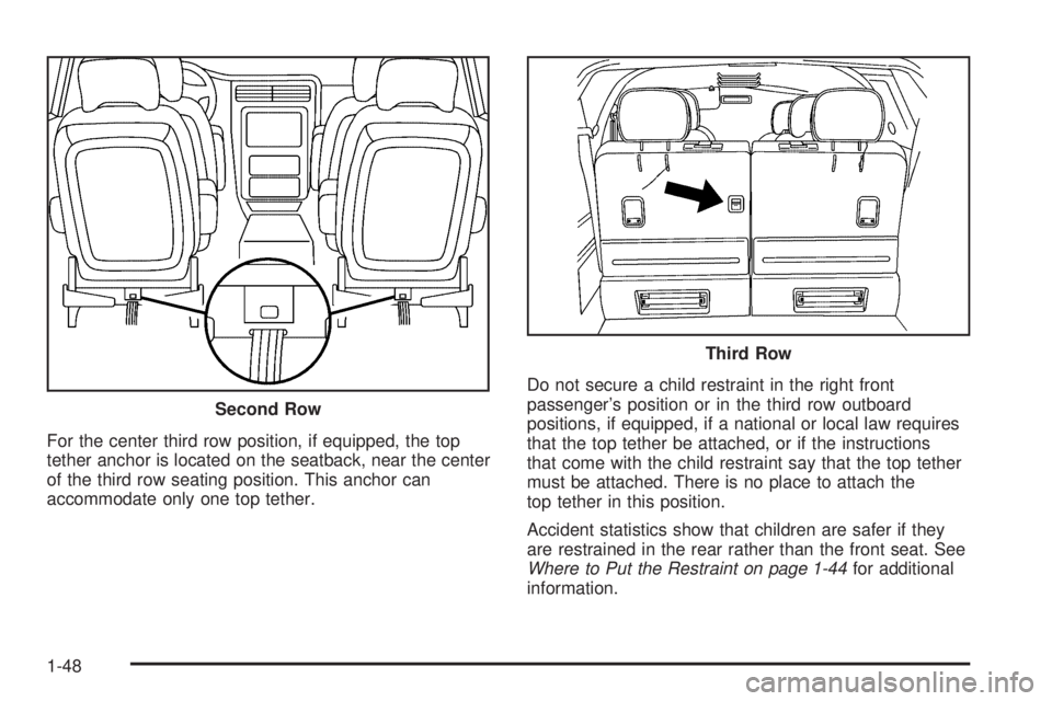 BUICK TERRAZA 2006 Workshop Manual For the center third row position, if equipped, the top
tether anchor is located on the seatback, near the center
of the third row seating position. This anchor can
accommodate only one top tether.Do BUICK TERRAZA 2006 Workshop Manual For the center third row position, if equipped, the top
tether anchor is located on the seatback, near the center
of the third row seating position. This anchor can
accommodate only one top tether.Do
