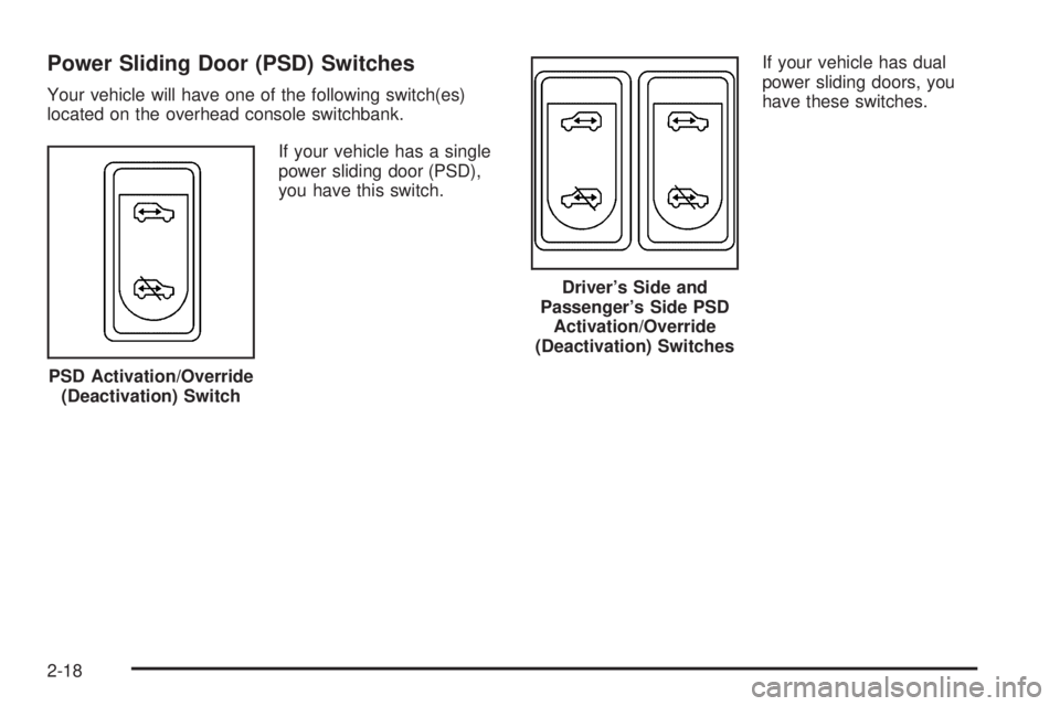 BUICK TERRAZA 2006 Owners Manual Power Sliding Door (PSD) Switches
Your vehicle will have one of the following switch(es)
located on the overhead console switchbank.
If your vehicle has a single
power sliding door (PSD),
you have thi