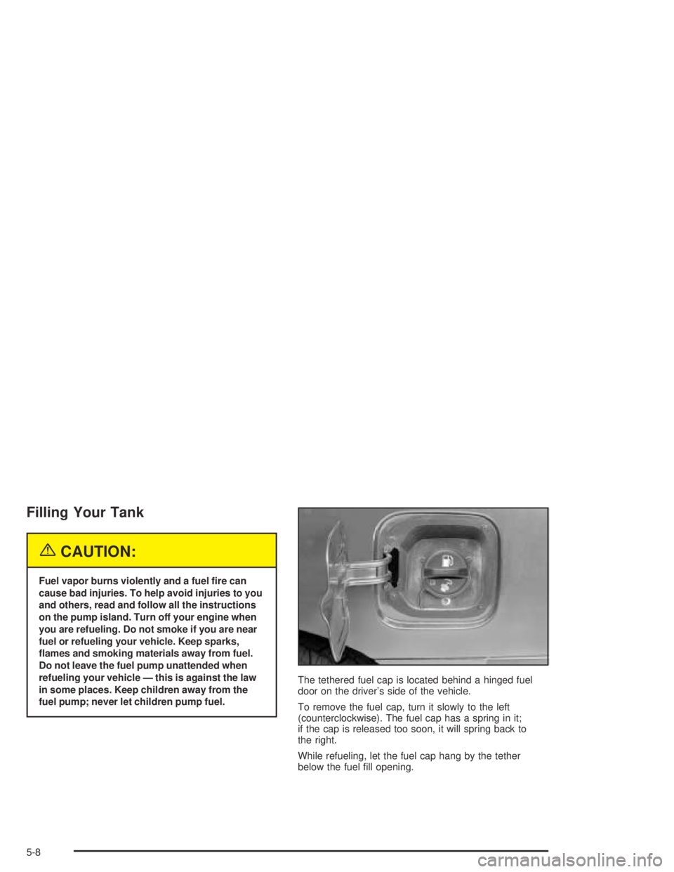 BUICK CENTURY 2005 Service Manual Filling Your Tank
{CAUTION:
Fuel vapor burns violently and a fuel �re can
cause bad injuries. To help avoid injuries to you
and others, read and follow all the instructions
on the pump island. Turn of