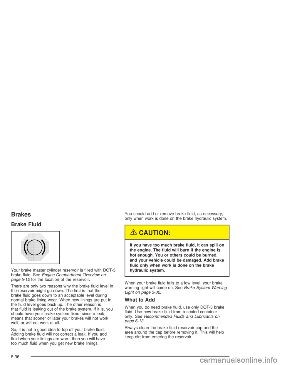 BUICK CENTURY 2005  Owners Manual Brakes
Brake Fluid
Your brake master cylinder reservoir is �lled with DOT-3
brake �uid. SeeEngine Compartment Overview on
page 5-12for the location of the reservoir.
There are only two reasons why the