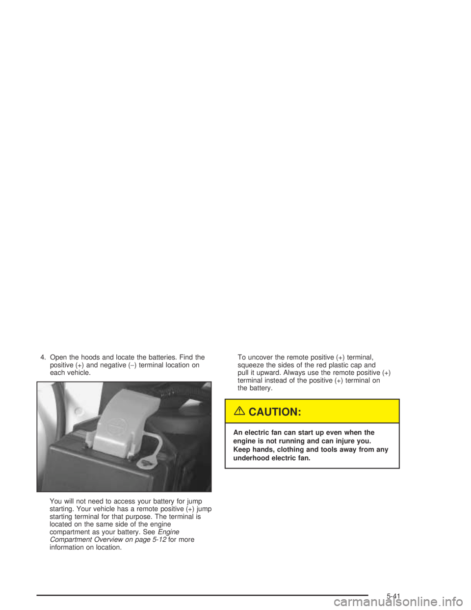 BUICK CENTURY 2005  Owners Manual 4. Open the hoods and locate the batteries. Find the
positive (+) and negative (−) terminal location on
each vehicle.
You will not need to access your battery for jump
starting. Your vehicle has a r