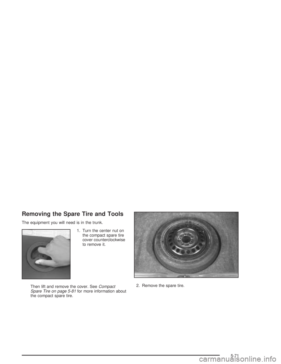 BUICK CENTURY 2005  Owners Manual Removing the Spare Tire and Tools
The equipment you will need is in the trunk.
1. Turn the center nut on
the compact spare tire
cover counterclockwise
to remove it.
Then lift and remove the cover. See