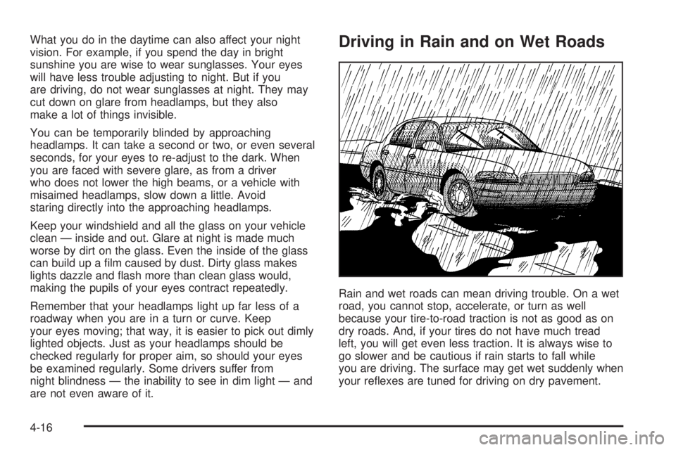BUICK LACROSSE 2005  Owners Manual What you do in the daytime can also affect your night
vision. For example, if you spend the day in bright
sunshine you are wise to wear sunglasses. Your eyes
will have less trouble adjusting to night.