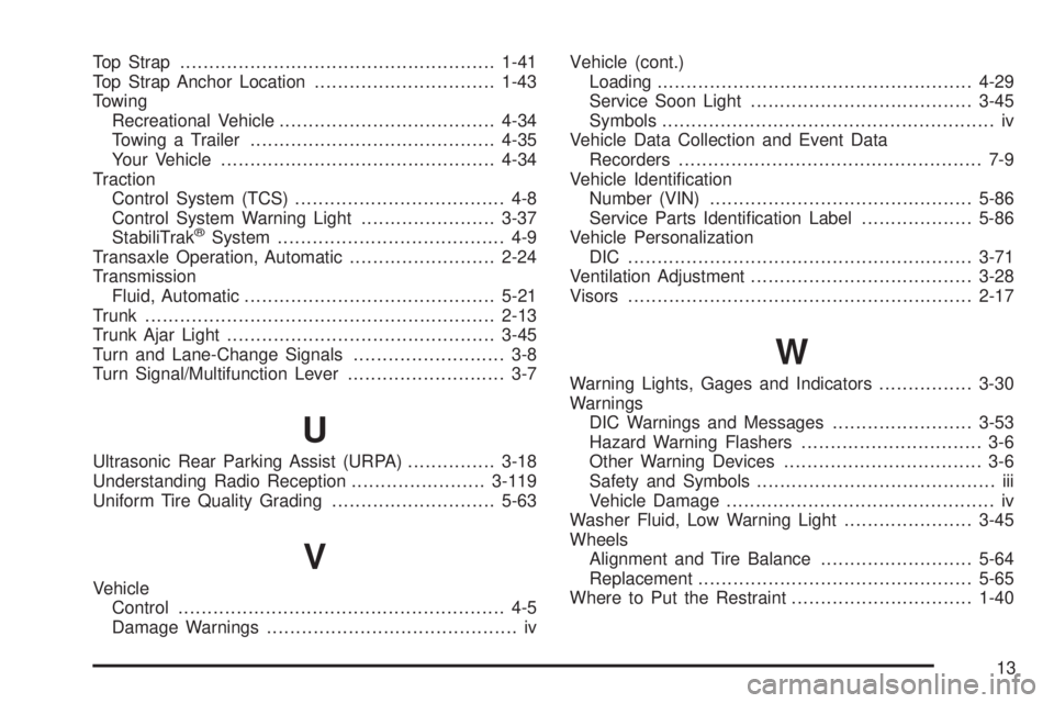 BUICK LACROSSE 2005  Owners Manual Top Strap......................................................1-41
Top Strap Anchor Location...............................1-43
Towing
Recreational Vehicle.....................................4-34
To