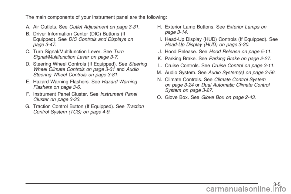 BUICK LESABRE 2005  Owners Manual The main components of your instrument panel are the following:
A. Air Outlets. SeeOutlet Adjustment on page 3-31.
B. Driver Information Center (DIC) Buttons (If
Equipped). SeeDIC Controls and Display