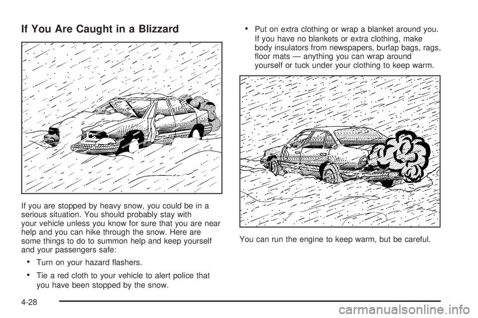BUICK LESABRE 2005  Owners Manual If You Are Caught in a Blizzard
If you are stopped by heavy snow, you could be in a
serious situation. You should probably stay with
your vehicle unless you know for sure that you are near
help and yo