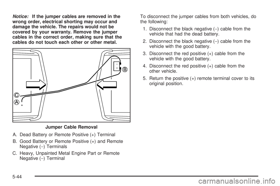 BUICK LESABRE 2005  Owners Manual Notice:If the jumper cables are removed in the
wrong order, electrical shorting may occur and
damage the vehicle. The repairs would not be
covered by your warranty. Remove the jumper
cables in the cor