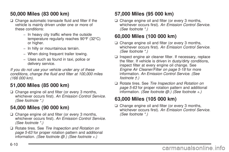 BUICK LESABRE 2005  Owners Manual 50,000 Miles (83 000 km)
❑Change automatic transaxle �uid and �lter if the
vehicle is mainly driven under one or more of
these conditions:
� In heavy city traffic where the outside
temperature regul