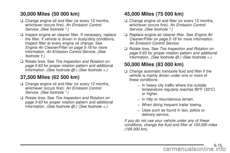 BUICK LESABRE 2005 Owners Guide 30,000 Miles (50 000 km)
❑Change engine oil and �lter (or every 12 months,
whichever occurs �rst).An Emission Control
Service. (See footnote *.)
❑Inspect engine air cleaner �lter. If necessary, re